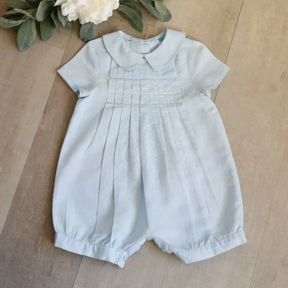 Blue Linen Romper Boutique Luli &amp; Me Boys 3/6 Months PERFECT LIKE NEW