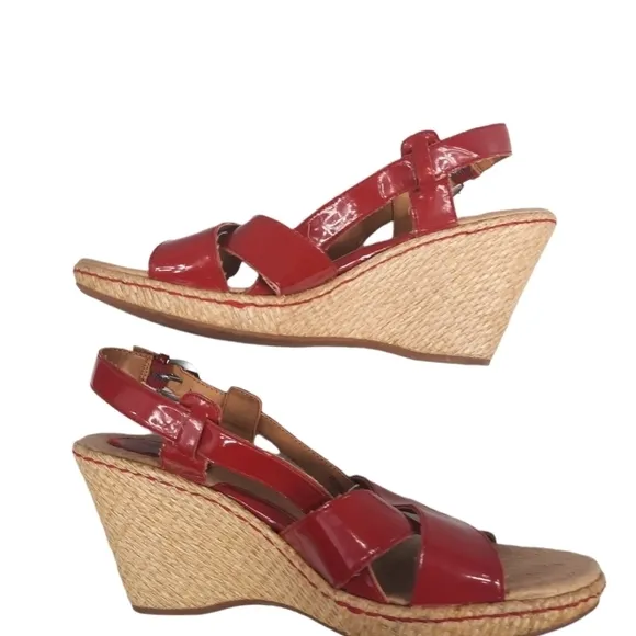 B.O.C Born Slingback Fire Engine Red Patent Leather Wedge 10 Women's Sandals