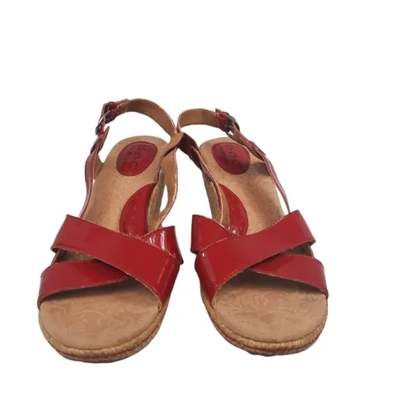 B.O.C Born Slingback Fire Engine Red Patent Leather Wedge 10 Women's Sandals