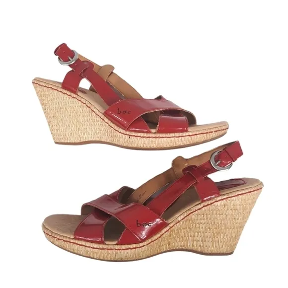B.O.C Born Slingback Fire Engine Red Patent Leather Wedge 10 Women's Sandals