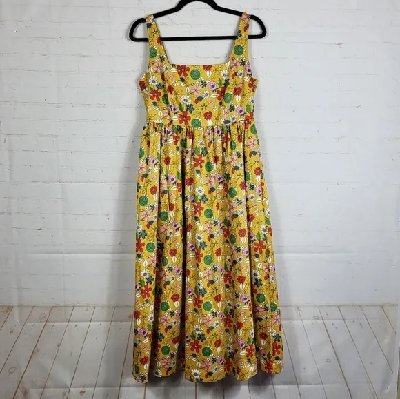 Boden Feminine Violet Floral Square Neck Pockets Midi Dress Honeycomb US 4P
