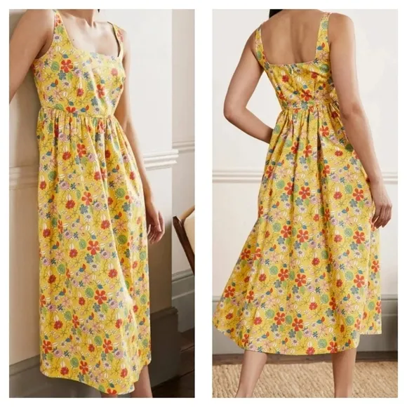 Boden Feminine Violet Floral Square Neck Pockets Midi Dress Honeycomb US 4P