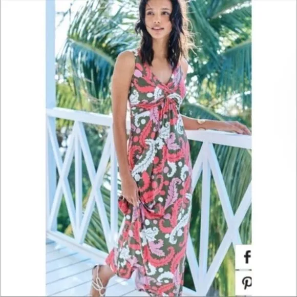 Boden Front Twist Sleeveless Jersey Pink Green Floral Print Maxi Dress Sz 10