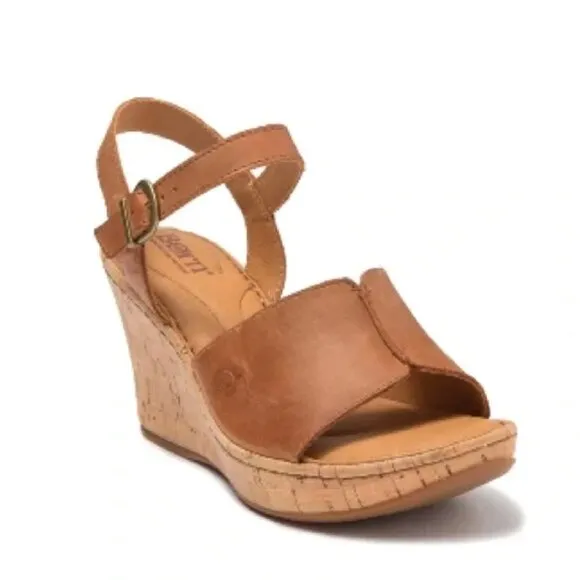 Born Agnio Tan Open Toe Wedge Sandals Size 7