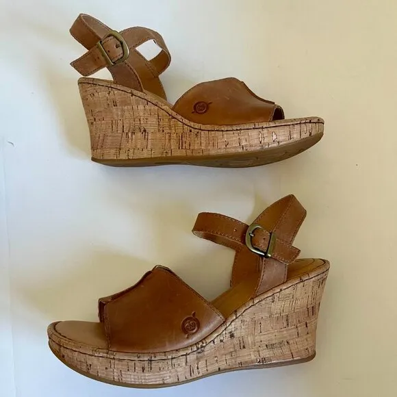 Born Agnio Tan Open Toe Wedge Sandals Size 7