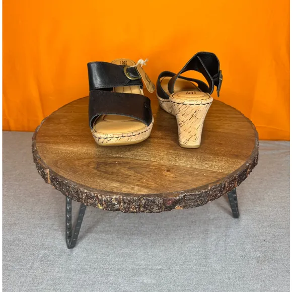 Born Black Leather Cork Wedge Bronze Buckle Sandals Size 9M