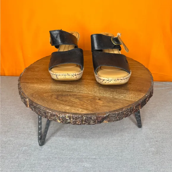 Born Black Leather Cork Wedge Bronze Buckle Sandals Size 9M
