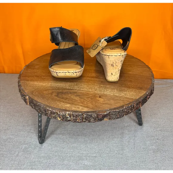 Born Black Leather Cork Wedge Bronze Buckle Sandals Size 9M