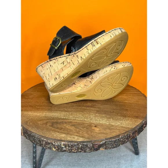 Born Black Leather Cork Wedge Bronze Buckle Sandals Size 9M