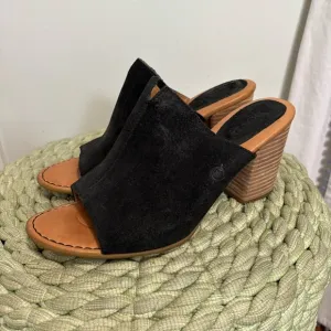 Born Ingrid Black Oiled Suede Slip On Block Heel Comfort Mule Sandals