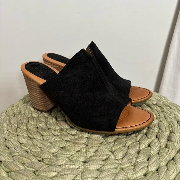 Born Ingrid Black Oiled Suede Slip On Block Heel Comfort Mule Sandals