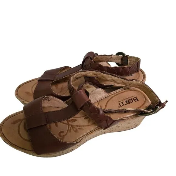 Born Laurene In Saddle Brown Braided Leather Cork Wedge Sandals Size 9