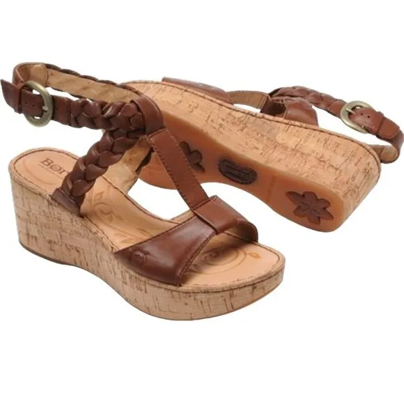 Born Laurene In Saddle Brown Braided Leather Cork Wedge Sandals Size 9