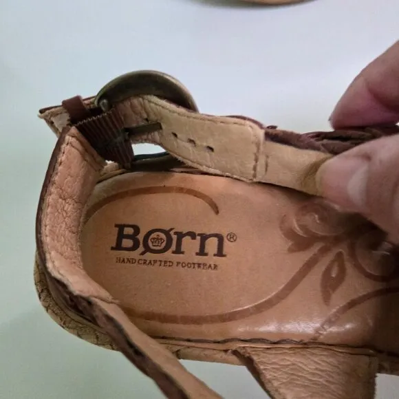 Born Laurene In Saddle Brown Braided Leather Cork Wedge Sandals Size 9
