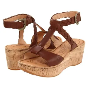 Born Laurene In Saddle Brown Braided Leather Cork Wedge Sandals Size 9