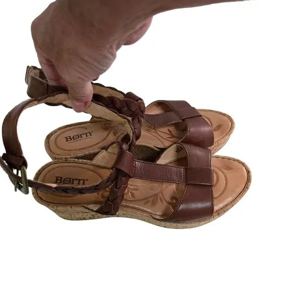 Born Laurene In Saddle Brown Braided Leather Cork Wedge Sandals Size 9