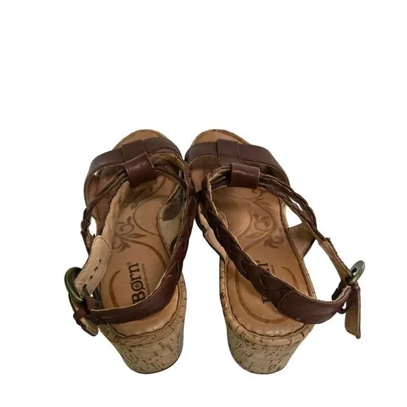 Born Laurene In Saddle Brown Braided Leather Cork Wedge Sandals Size 9