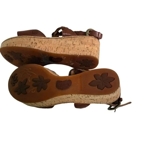 Born Laurene In Saddle Brown Braided Leather Cork Wedge Sandals Size 9