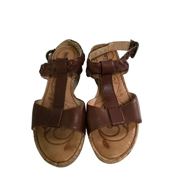 Born Laurene In Saddle Brown Braided Leather Cork Wedge Sandals Size 9
