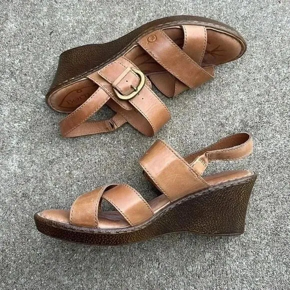 Born Leather Wedge Sandals Mirabella Tan Women’s Size 11
