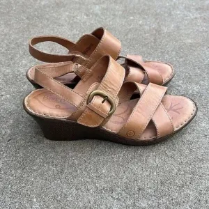 Born Leather Wedge Sandals Mirabella Tan Women’s Size 11