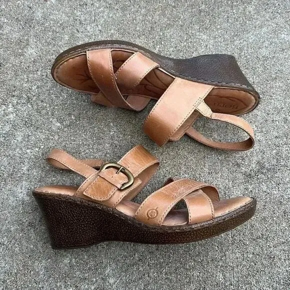Born Leather Wedge Sandals Mirabella Tan Women’s Size 11