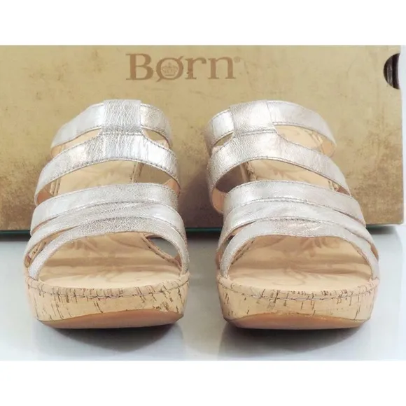 Born Lisi Strappy Platform Wedge Sandals Heels Leather Light Gold Size 11