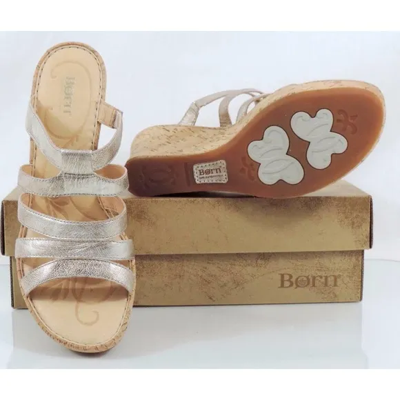 Born Lisi Strappy Platform Wedge Sandals Heels Leather Light Gold Size 11