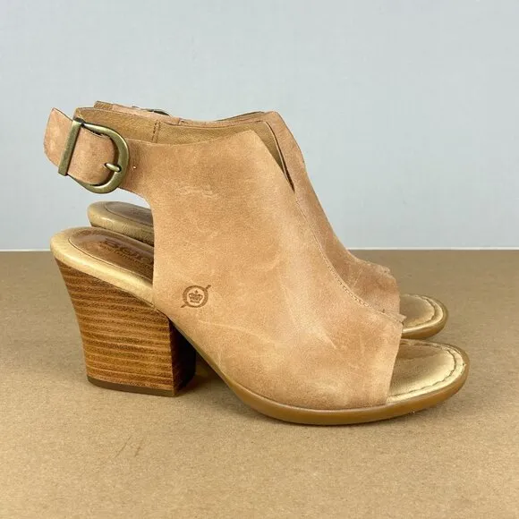 Born Moraine Slingback Heeled Sandals Womens 6 Tan Leather Adjustable Buckle