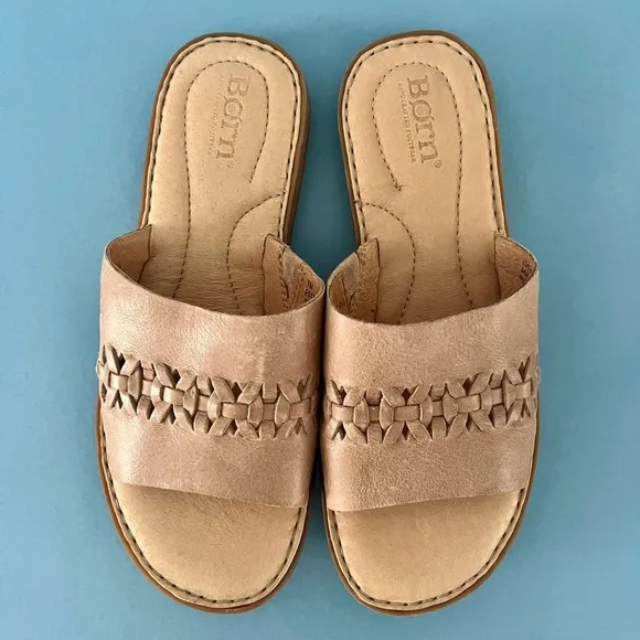Born St. Francis Woven Leather Tan Slide Sandals