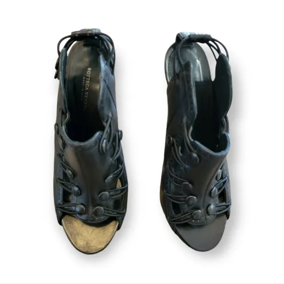 Bottega Veneta Black Leather Platform Heeled Sandals