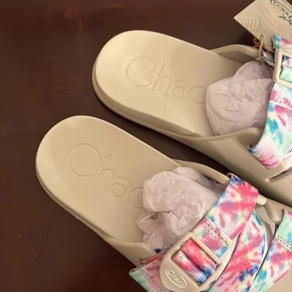 Brand New Chaco Chillos Slide Sandals Colorful  Light Tie Dye w/ Beige Footbed