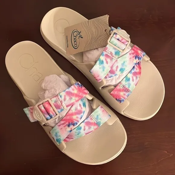 Brand New Chaco Chillos Slide Sandals Colorful  Light Tie Dye w/ Beige Footbed