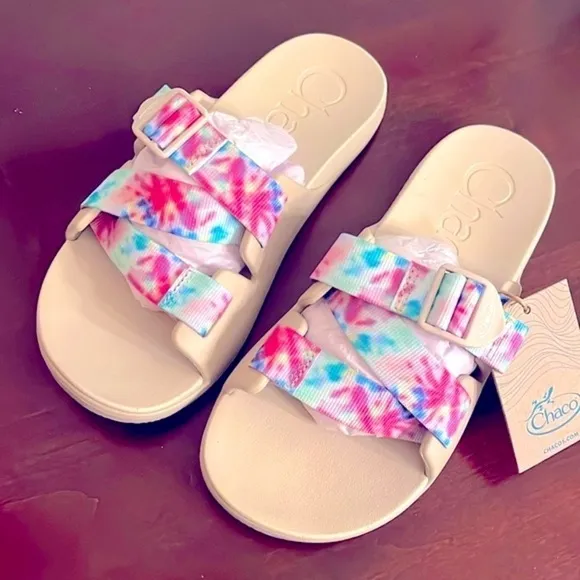 Brand New Chaco Chillos Slide Sandals Colorful  Light Tie Dye w/ Beige Footbed