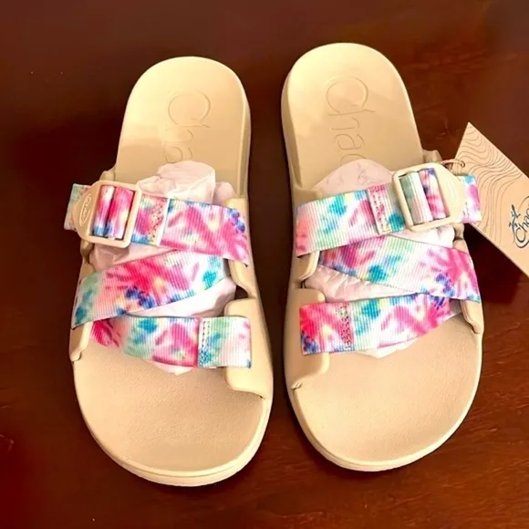 Brand New Chaco Chillos Slide Sandals Colorful  Light Tie Dye w/ Beige Footbed