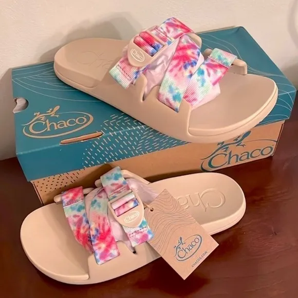 Brand New Chaco Chillos Slide Sandals Colorful  Light Tie Dye w/ Beige Footbed