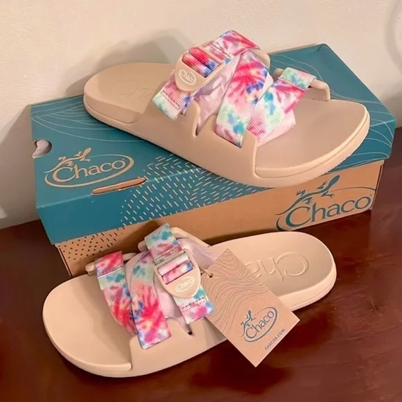 Brand New Chaco Chillos Slide Sandals Colorful  Light Tie Dye w/ Beige Footbed