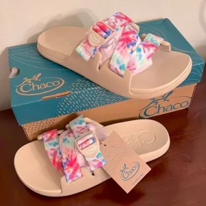 Brand New Chaco Chillos Slide Sandals Colorful  Light Tie Dye w/ Beige Footbed