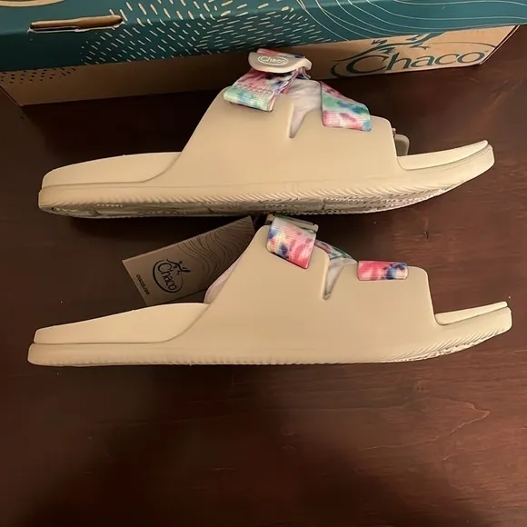 Brand New Chaco Chillos Slide Sandals Colorful  Light Tie Dye w/ Beige Footbed