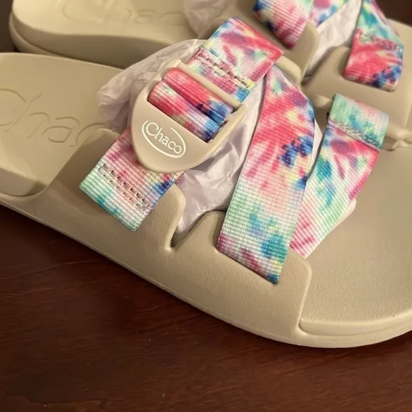 Brand New Chaco Chillos Slide Sandals Colorful  Light Tie Dye w/ Beige Footbed