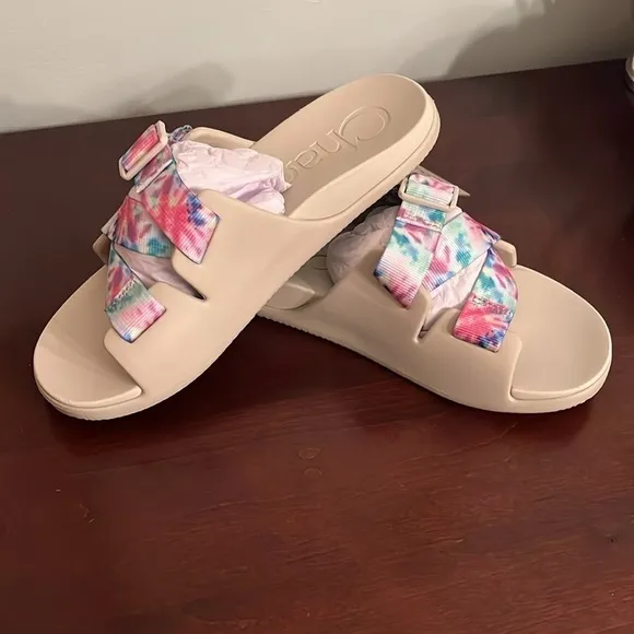 Brand New Chaco Chillos Slide Sandals Colorful  Light Tie Dye w/ Beige Footbed
