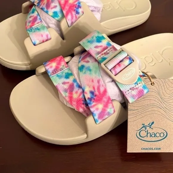 Brand New Chaco Chillos Slide Sandals Colorful  Light Tie Dye w/ Beige Footbed
