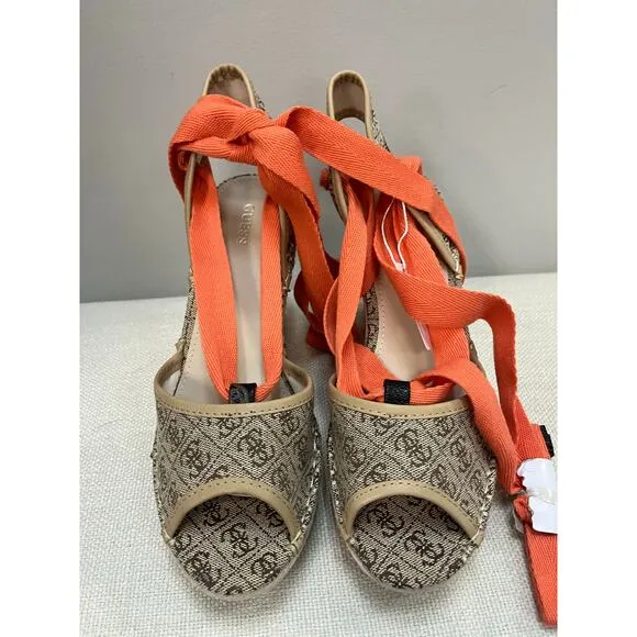 Brand New Guess Women's 8.5 Halona Wedge Sandals Beige Orange