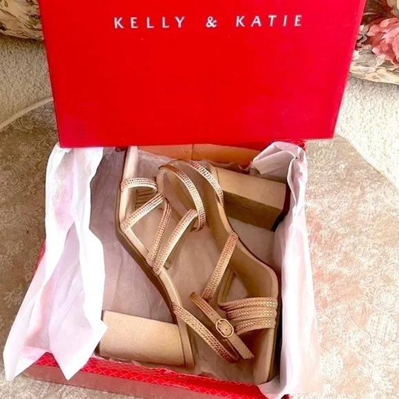 Brand New Kelly &amp; Katie Light Peach Microsuede Bling Strap Block Heel Sandals