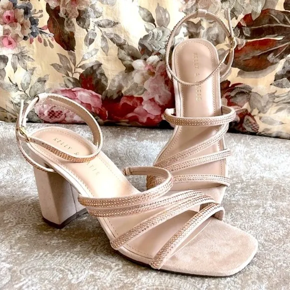 Brand New Kelly &amp; Katie Light Peach Microsuede Bling Strap Block Heel Sandals