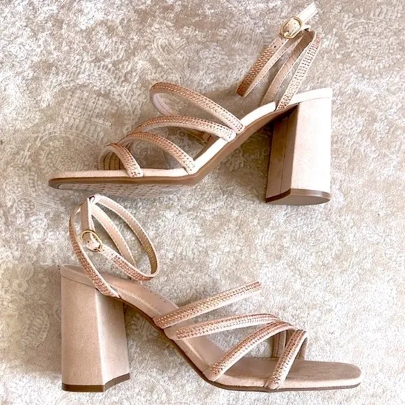 Brand New Kelly &amp; Katie Light Peach Microsuede Bling Strap Block Heel Sandals