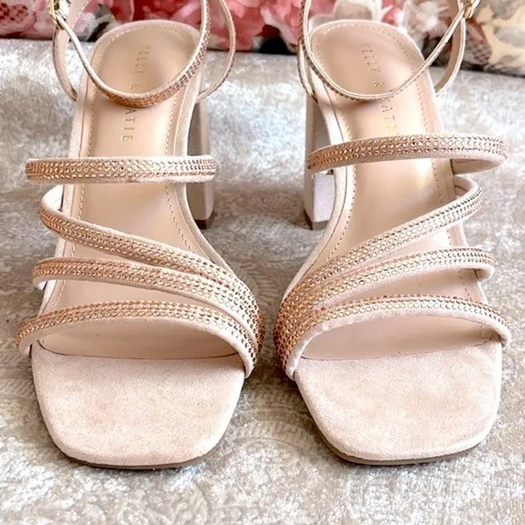 Brand New Kelly &amp; Katie Light Peach Microsuede Bling Strap Block Heel Sandals