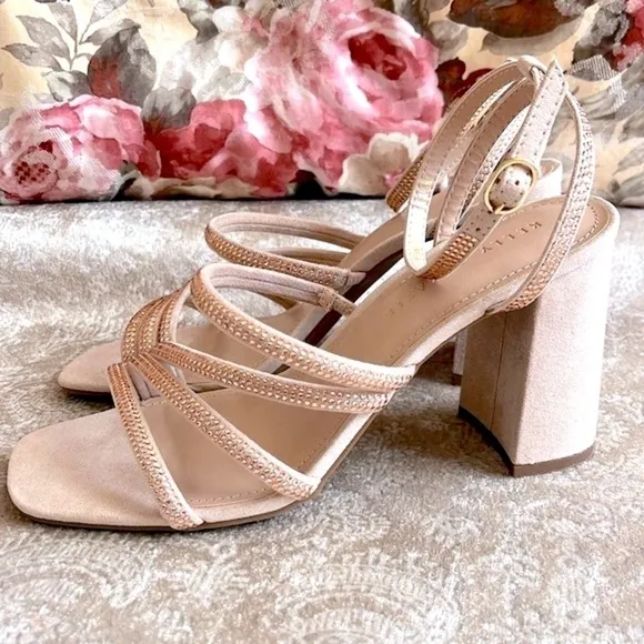 Brand New Kelly &amp; Katie Light Peach Microsuede Bling Strap Block Heel Sandals