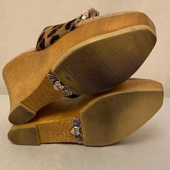 Bridget Glitz Wood Platform Sandals Animal Print Rhinestones Leather Shoes Sz 8