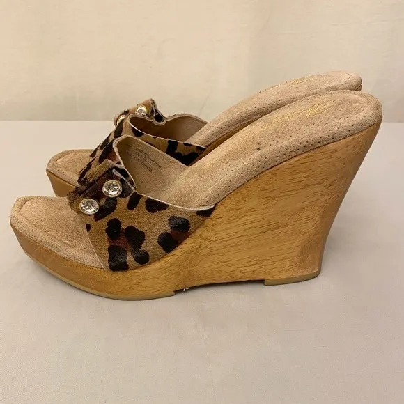 Bridget Glitz Wood Platform Sandals Animal Print Rhinestones Leather Shoes Sz 8